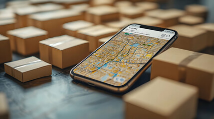 Poster - A smartphone displaying a map surrounded by small cardboard boxes, suggesting logistics.
