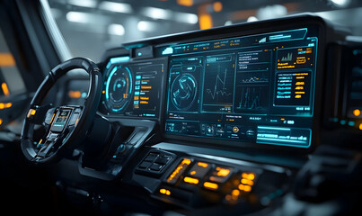 Poster - Futuristic dashboard with digital displays and controls for advanced technology.