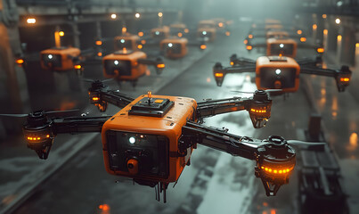 Poster - A fleet of orange drones equipped with lights, hovering in a dimly lit industrial space.