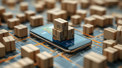 Poster - a smartphone surrounded by small boxes, symbolizing e-commerce and logistics.