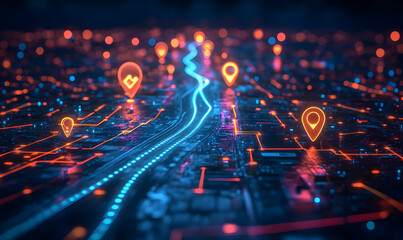 Poster - Digital representation of a network with location markers and illuminated pathways.