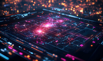 Poster - A digital interface displaying a network map with vibrant colors and data points.