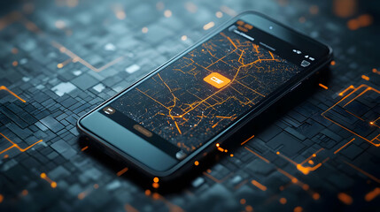 Poster - A smartphone displaying a digital map with an orange overlay on a tech-inspired background.
