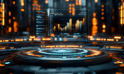 Poster - Futuristic data interface displaying analytics and graphs in a high-tech environment.
