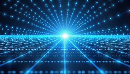 Poster - Dynamic blue radial lighting effect on grid perspective background. Abstract digital design. Tech illustration. Intricate network pattern. Geometric lines radiate outward from center. Bright points
