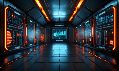 Poster - Futuristic corridor with digital displays and glowing accents.