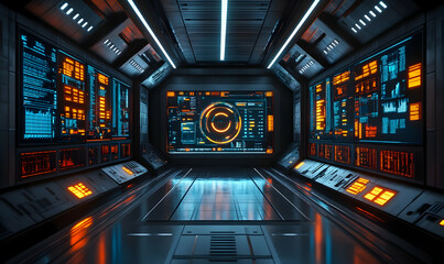 Poster - Futuristic control room with glowing screens and data displays.