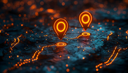 Poster - Digital map with glowing location markers on a textured surface.