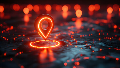 Poster - A glowing location pin on a dark surface, symbolizing navigation and mapping technology.