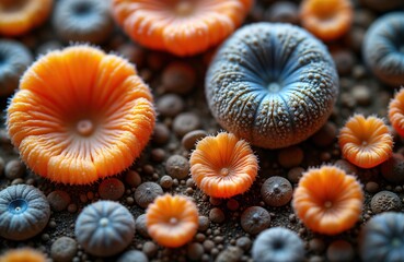 Poster - Detailed microscopic view of diverse fungi spores. Orange, blue spores unique shapes, structures. Close-up view shows intricate details. Fungi spores arranged on dark surface. Microscopic fungi