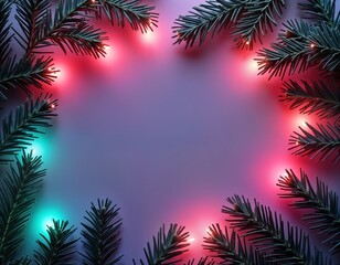 Poster - Festive frame with glowing lights, fir branches on purple background. Glowing neon lights form festive border. Fir branches create elegant design. Ideal for holiday Christmas cards. Image presents