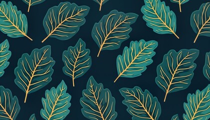 Fototapete - Decorative pattern shows various tropical leaves in teal, gold. Design features repeating pattern of stylized leaves. Artistic pattern great for wallpaper, wrapping paper, textile design. Vibrant