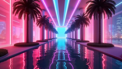 Poster - Neon lights illuminate futuristic hallway with glowing windows, reflective pool. Palm trees line walkway. Cityscape outside. Futuristic style. Amazing architecture. Cool interior design. Cool design.