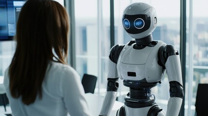 Poster - A female AI robot interacting with a human in a minimalist office setting, showcasing advanced AI technology in a professional environment. 