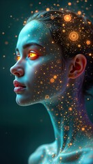Aufkleber - Woman with glowing tech features in profile view. Digital art style illustrates human, tech fusion. Abstract portrait combines cosmic elements. Futuristic woman face, neck show tech design. Energetic