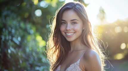Poster - A skincare model with natural, dewy skin smiling in a bright, sunlit environment, representing a fresh, natural look. 