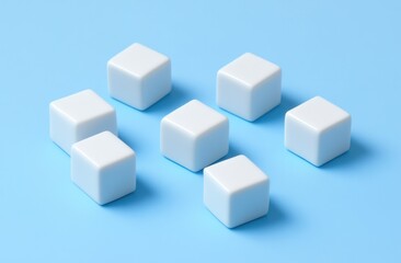 Poster - Seven white cubes arranged on a light blue background.