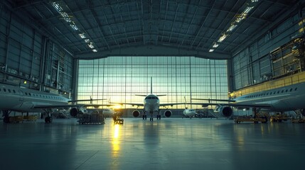 Poster - A spacious airplane hangar with several planes inside, undergoing maintenance and inspection. 