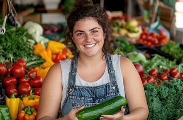 Wall Mural - A woman is smiling and tending to her vegetable stand at the farmers market.