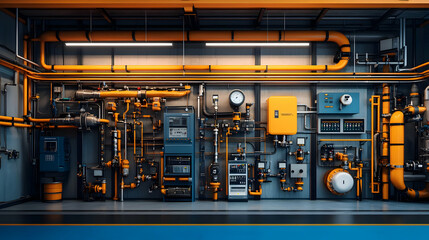 Poster - Industrial setup with pipes, gauges, and control panels for monitoring systems.