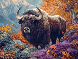 Canvas Print - Madorv traces the muskox in autumn, with colorful leaves and a backdrop of mountains