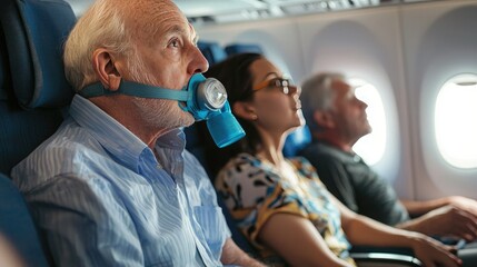 Poster - An airplane safety demonstration showing passengers how to properly wear an oxygen mask. 