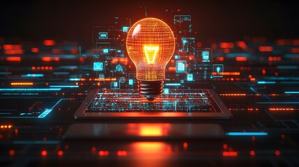 Aufkleber - Glowing lightbulb on laptop, digital data streams.