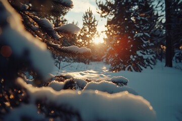 Poster - A winter landscape with snow-covered pine trees and a faint golden sunrise in the background.