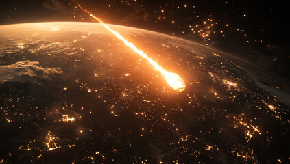 Wall Mural - a fiery meteor falls from the sky, flies over the earth's surface and creates an energy trail in spa