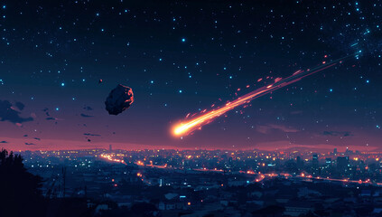 Wall Mural - a fiery meteor falls from the sky, flies over the earth's surface and creates an energy trail in spa