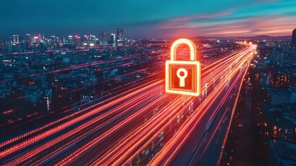Poster - Glowing padlock icon over a cityscape at night with light trails on a highway, symbolizing data security and protection in a fast-paced urban environment.