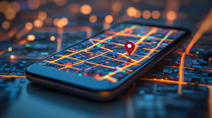 Poster - A smartphone displaying a map with a location pin, symbolizing navigation and technology.