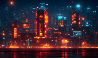 Poster - Futuristic cityscape illuminated with neon lights and digital interfaces.