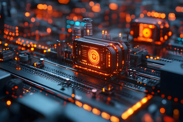 Poster - A close-up view of a futuristic circuit board with glowing components and intricate details.