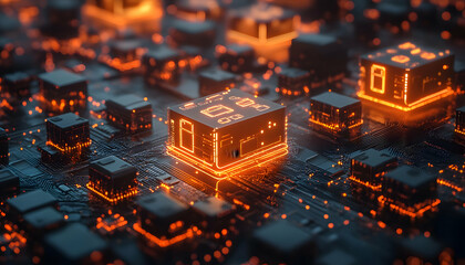 Poster - a futuristic representation of computer chips glowing on a circuit board.