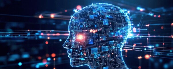 Digital head, circuitry, blue, glowing; no background