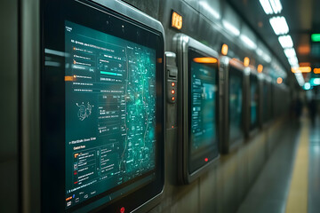 Poster - Digital information displays in a subway station, showing maps and transit information.
