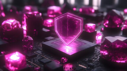Poster - Glowing pink shield icon on a circuit board surrounded by crystals, representing digital security and protection.