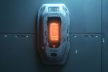 Poster - A futuristic device embedded in a wall, glowing with an orange light and digital display.