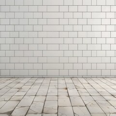 Poster - Empty room with white subway tile wall and cracked tile floor providing vintage or industrial background