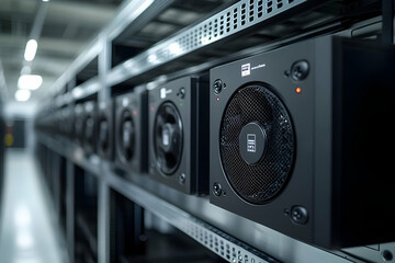 Poster - A row of electronic devices on shelves, likely for data processing or cooling.