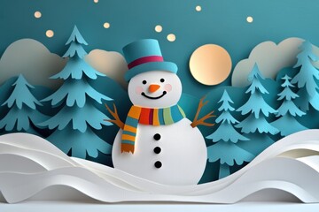 Whimsical Winter Wonderland with a Cheerful Snowman Amidst Paper Cutout Trees and a Starry Night Sky