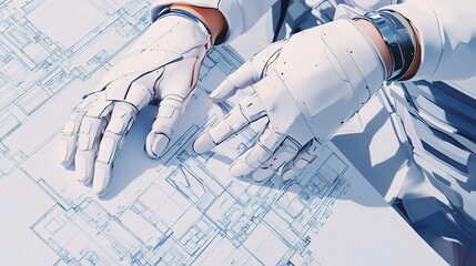 Fototapete - Close-Up View of Engineers Hands Handling Blueprint Designs