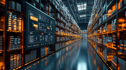 Poster - A futuristic warehouse with illuminated shelves and a digital control panel.