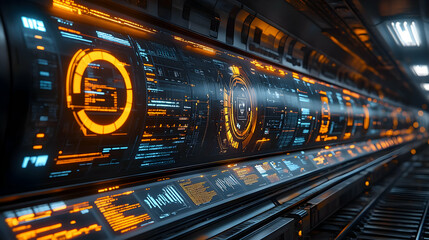 Poster - A futuristic digital interface with glowing orange and blue elements displaying data and metrics.