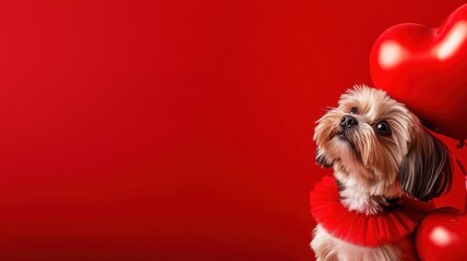 Wall Mural - A cute dog wearing a red collar sits against a vibrant red backdrop, with heart-shaped decorations, perfect for a love-themed occasion.