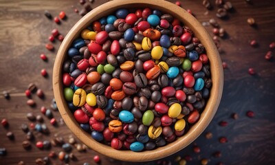 Wall Mural - Wooden bowl filled with colorful coffee beans, color, pattern, hues