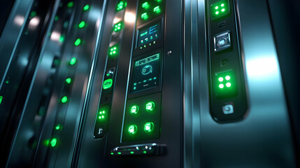 Poster - A close-up view of illuminated control panels in a modern server rack.