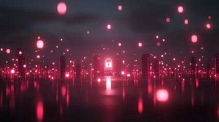 Poster - Glowing red padlock icon in futuristic city, symbolizing cybersecurity.