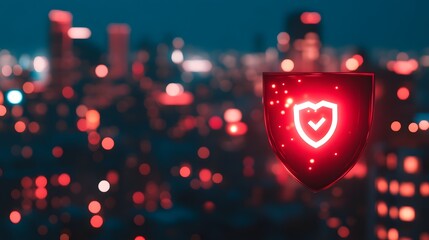 Poster - Glowing red shield icon over blurred city night lights; cybersecurity concept.